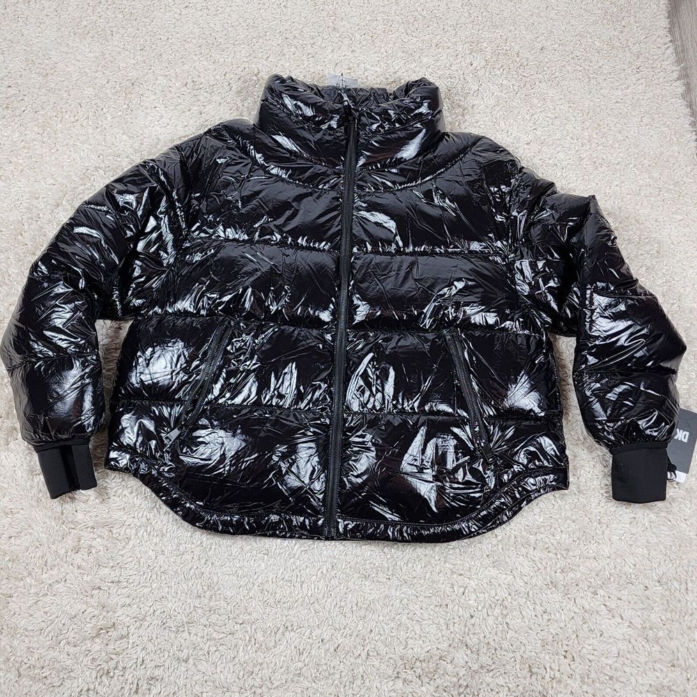 DKNY Puffer Jacket Womens XL Black Water Resistant Insulated Thumb Hole Winter